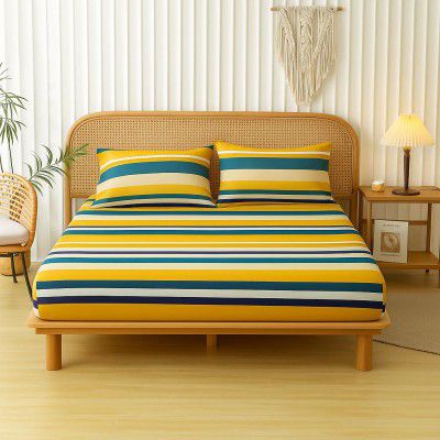 VAS COLLECTIONS 220 TC 100% Cotton Elastic Fitted Bed Sheet for Double/King Bed (72 × 78 + 10 inches) with 2 Pillow Covers 