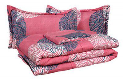 VAS COLLECTIONS 350TC Glace Floral Cotton AC Comforter Set King Size Double Bed with 1 Flat bedsheet & Two King Pillow Covers, 4 Pieces Bedding Set (90x90 inch, Pink & Light Green)