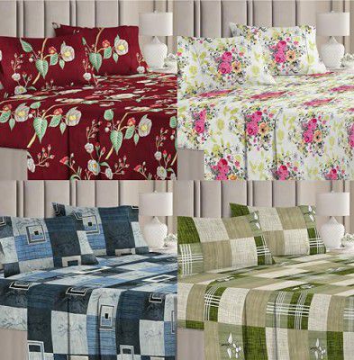 VAS COLLECTIONS Aspire 2.O Combo Pack of 4 Double Bedsheets with 8 Pillow Covers|144 TC Soft Brushed Microfiber -Long Lasting & Wrinkle Free - 220X218 Cm Or 7ftx7ft, Maroon White & Grey