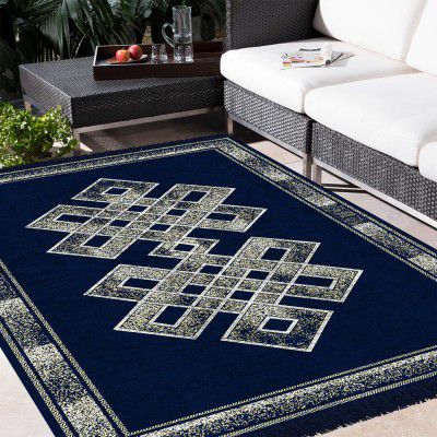 VAS COLLECTIONS Premium Chenille Carpet | 500 GSM Velvet Carpet/Area Rug/Durries with Fine Gold Yarn for Living Room, Bedroom, Runner| Blue, 5x7 Feet