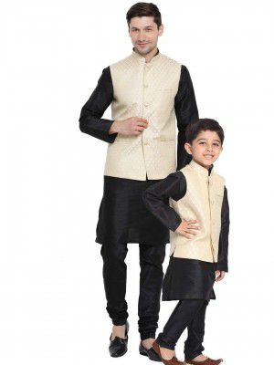 VASTRAMAY Baap Beta Silk Blend Jacket, Kurta and Pyjama Set | Banarasi Brocade Woven Jacquard Modi/Nehru Jacket and Silk Kurta Pyjama Set: A Father-Son Duo of Elegance