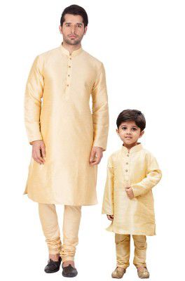 VASTRAMAY Baap Beta Silk Blend Kurta Pyjama Set - Coordinated Ethnic Attire for Father and Son Bonding | Soft Comfortable Feel Solid Kurta and Churidar Pyjama Set