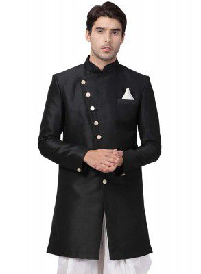 VASTRAMAY Men's Beige Silk Blend Sherwani Only Top