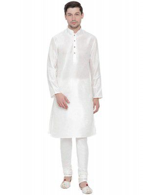 VASTRAMAY Mens Cream Cotton Silk Blend Kurta and Pyjama Set