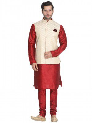 VASTRAMAY Men's Cream Cotton Silk Blend Kurta, Ethnic Jacket and Pyjama Set