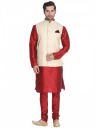VASTRAMAY Men's Cream Cotton Silk Blend Kurta, Ethnic Jacket and Pyjama Set...