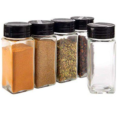 Vasukie Salt & Pepper Square Glass Spice Jar with Black Sifter Two Sided Sifter Cap (Each Bottle 120ml) (4 Piece)