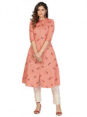 Vbuyz Women's Foil Print A-line Cotton Peach Stitched Kurta (VF-KU-1502) (Small)