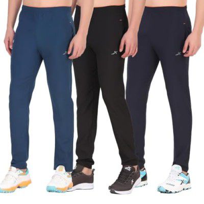 VECTOR X Solid Men Sports Track Pants 100% Polyester with Zipper Pockets (Pack of 3)