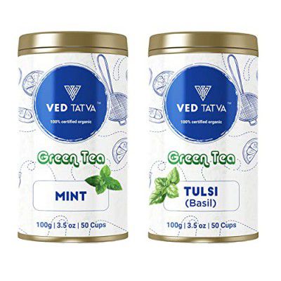 VED TATVA Organic Certified Green Tea Combo of Basil(Tulsi) Green Tea + Mint Tea - Loose Leaf with Natural Leaves/Detox Green Tea/Herbal Tea - 100GMS / 50+Cups (Pack of 2)
