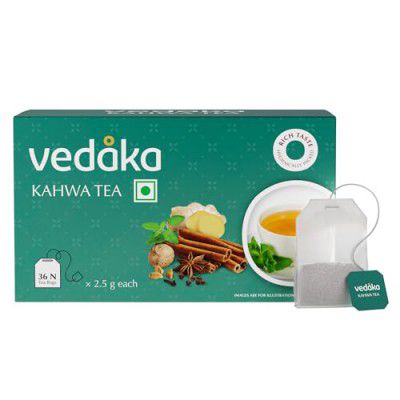 Vedaka Detoxifying Kahwa Tea | Contains Salt, Ginger, Tulsi, Cinnamon, Black Pepper, Cloves, Nutmeg, Asafoetida & Cardamom Seed | Natural Body Cleanser (36 Teabags)