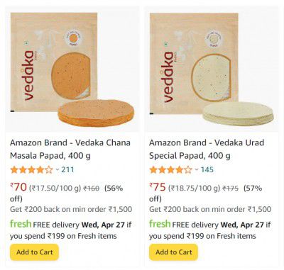 vedaka papad starting at ₹70
