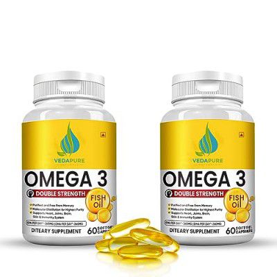 VEDAPURE Naturals Omega 3 |Fish Oil Omega 3 Capsules 1000 mg with Vitamin E & D3 |360 EPA & 240 DHA |High Strength Omega 3 Fatty Acid Capsules for Men & Women| No Fishy Burp | Support Healthy Heart, E