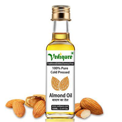 Vediqure Almond Oil | 100% Pure Sweet Cold Pressed Edible Badam Ka Tel | Glass Bottle 100ml | For Healthy Skin, Hair and Body