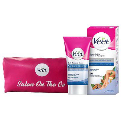 Veet Hair removal cream- Sensitive skin-50 gm & Full Body Waxing Kit Easy-Gelwax Technology Sensitive Skin - 20 Strips with free Veet Glow It Girl pouch