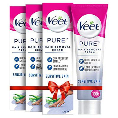Veet Pure Hair Removal Cream for Women with No Ammonia Smell, Sensitive Skin - 100 g (Pack of 3) | Suitable for Legs, Underarms, Bikini Line, Arms | 2x Longer Lasting Smoothness than Razors