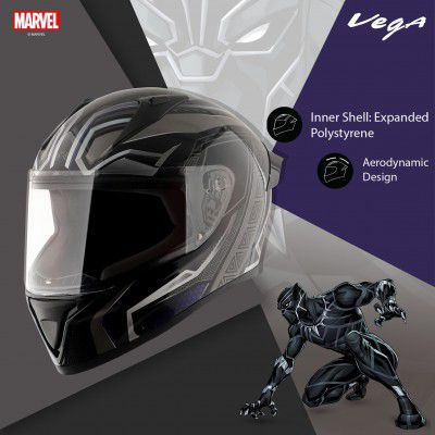 VEGA Bolt Marvel Black Panther Edition Motorbike Helmet (Black Silver)