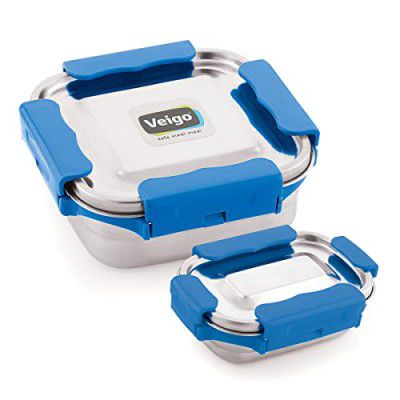 Veigo Premium Finish Maxo Series Stainless Steel Medium & Small Airtight Leak-Proof Lunch Box for Office, School, Picnic, (Medium 450 ml, Small 200ml)- Dark Blue
