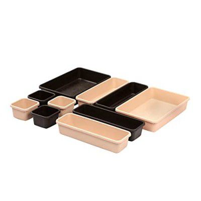 Velavie Interlocking Drawer Organizer for Cosmetic, Makeup, Lipstick, Makeup Brush, Skin Care Products Storage Box, Plastic Trays For Vanity- Set of 8, Brown&Beige