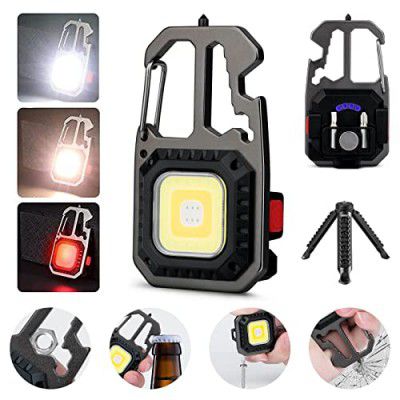 VELOMAX Keychain COB Flashlight with Tripod 7 Modes 3 Colour, Keychain Light 500 Lumens Bright with Bottle Opener and 2 Screwdrivers, Emergency Light Battery Display for Camping Hiking Night Walking