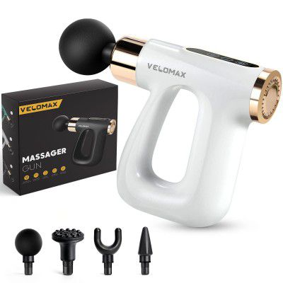 VELOMAX Massage Gun, Deep Tissue Massage Machine for Pain Relief 8mm Amplitude with 4 Massager Heads, Fascia Gun 32 Speeds, Portable Body Massager Gun, Long Battery Life, Super Quiet for GYM (White)