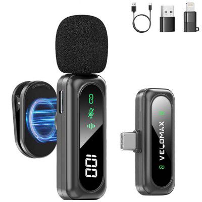 VELOMAX Mic for YouTube Wireless, Noise Reduction Magnetic Clip Wireless Microphone with LED Indicator and Battery Display for Video Recording Creators 