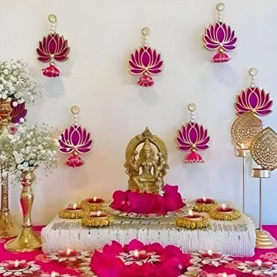 Velvet Handmade Wall Decor Lotus (06 Pcs- Pink) with Jhumki Style Hanging for Home Decor
