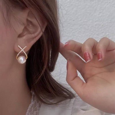 Vembley Korean Diamond Studded Cross Pearl Stud Earrings 2 Pcs/Set Stainless Steel Stud Earring