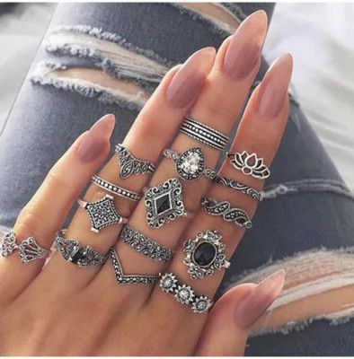 Vembley Silver Plated 15 Pcs Vintage Floral Designs Plushy Ring Set For Women & Girls Alloy Silver Plated Ring Set