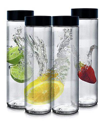 Vency Glass Water Bottles | Set Wide Mouth| with AirTight Leak Proof Reusable Black Plastic Lids | Juicing, Smoothies, Beverage Storage | Reusable (750ml)(Set of 4)