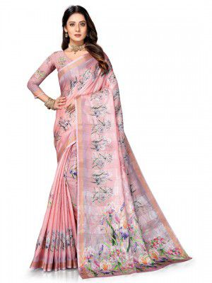 VENISA Peach-Coloured & Green Floral Printed Zari Art Silk Bagh Saree