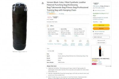 Venom Black Color, Filled Synthetic Leather Material Punching Bag/Kickboxing Bag/Takewondo Bag/Fitness Bag/Professional Training Bag with Hanging Chain