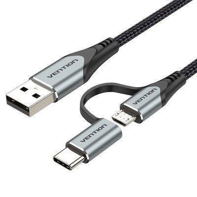 VENTION 2-in-1 Type-C & Micro USB Cable, 3A Fast Charging Mobile Cable with 480 Mbps Data Sync, USB 2.0 Type C Charging Cable Braided 3ft/1m Compatible with Samsung Galaxy, Xiaomi, Vivo, Google Pixel,
