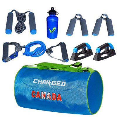 VERIFIED GYM SET INCLUDING VF-1027 TRAINING SET WITH CHARGED GYM BAG CANADA SMALL SKY AND PUSHUP BAR BLUE
