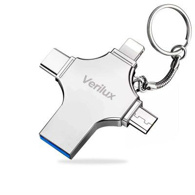 Verilux Pendrive 128GB 4 in-1 Flash Drive with Lightning, Micro USB, USB A, Type-C Interface Mini Hangable PenDrive for iOS & Android Compatible with iPhone, iPad, Android, PC, and More Devices