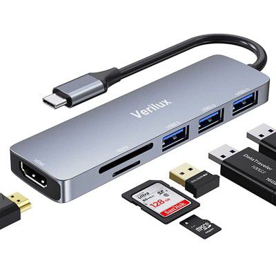 Verilux® USB C Hub Multiport Adapter- 6 in 1 Portable Aluminum Type C Hub with 4K HDMI Output, USB 2.0/3.0 Ports, SD/Micro SD Card Reader Compatible for MacBook Pro, MacBook Air, Type-C Devices