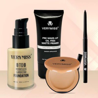 Verymiss Daily Essential Makeup Combo I Pack of 4 I Smooth Application I Vegan I Primer + Foundation + Compact Powder + Kajal