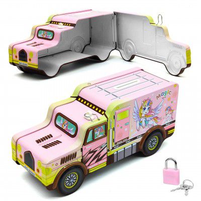 VGRASSP Unicorn Theme Metal Bus Piggy Bank Toy for Kids