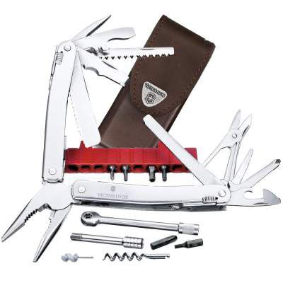 Victorinox Swiss Tool Spirit XC Plus Ratchet - 36 in 1 Stainless Steel Professional Multipurpose Tool with Pliers in a Leather Pouch, Grey - 105 mm.