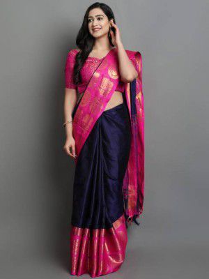 VILLAGIUS  Woven Dharmavaram Jacquard Saree  (Dark Blue)