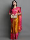 VILLAGIUS Woven Dharmavaram Jacquard Saree  (Gold, Pink)...