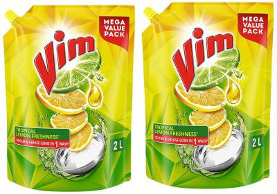 Vim Dishwash Liquid Gel Lemon Refill Pouch, 2 Ltr | Dishwash Gel Infused With The Power Of Lemons | Leaves No Residue (Pack of 2)