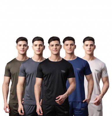 VIMAL JONNEY Dryfit Lycra Solid Multicolor T-Shirt for Men (Pack of 5)