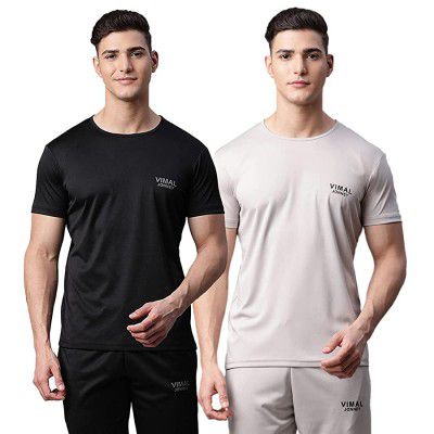 VIMAL JONNEY Dryfit Solid Lycra Multicolor T-Shirt for Men (Pack of 2)-Dryfit_T_BLK_BLU_02-P