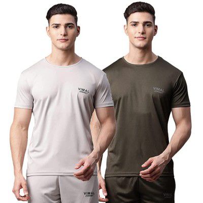 VIMAL JONNEY Dryfit Solid Lycra Multicolor T-Shirt for Men (Pack of 2)-Dryfit_T_L.Gry_OLV_02-P