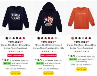 Vimal Jonney Kids Sweatshirt & Hoodie Starts @160 + 5% off Coupon