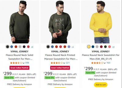 Vimal Jonney Men Sweatshirt & Hoodie Starts @169 + 5% off Coupon