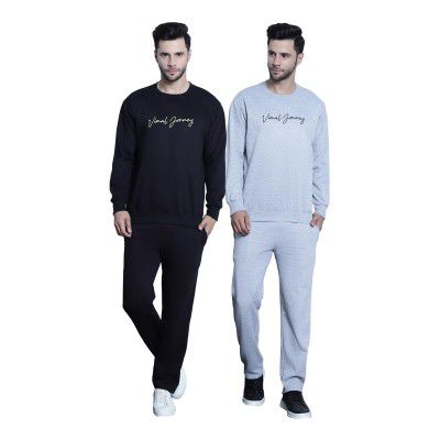 VIMAL JONNEY Multicolor Printed Round Neck Cotton Fleece Track Suit for Men (Pack of 2)