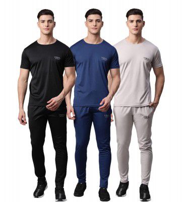 (Pack of 3) Vimal Jonnney Dryfit Solid Lycra Multicolor Tracksuit Co-ord Sets for Men -DRYFIT_T_D10_BLK_BLU_GRY_06-P