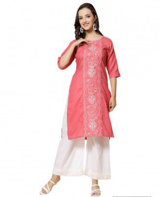 VINHCHIC Women's A-Line Cotton Embroidery Green Kurti|BottleGreen
